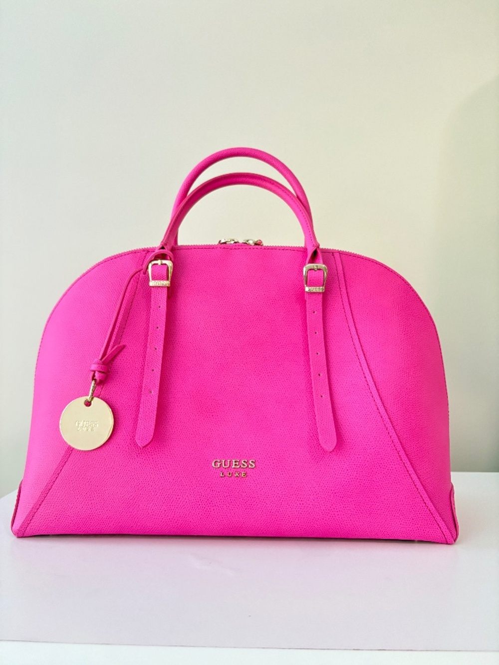 GUESS LUXE Hot Pink Genuine Leather Dome Satchel Large Bowling Bag NWOT